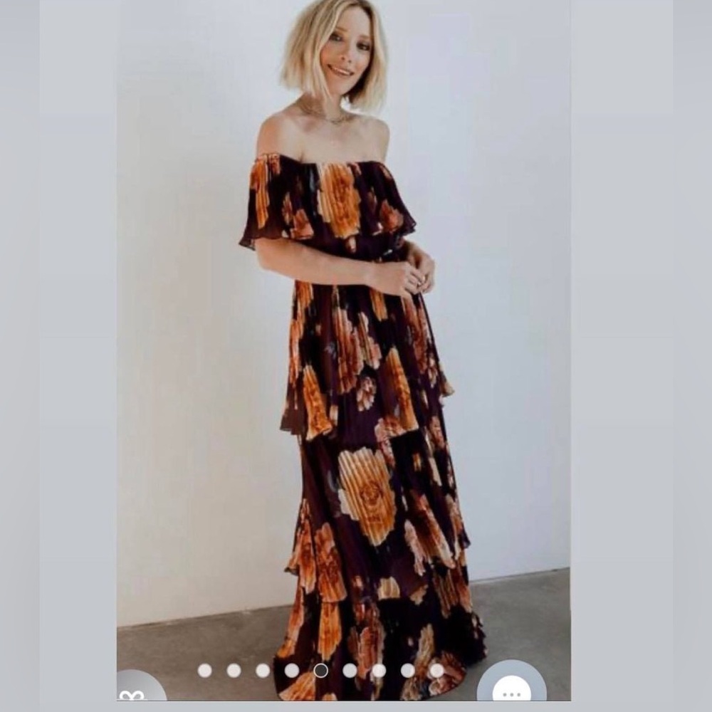 Purple Floral Pleated Chiffon Off Shoulder Tiered Maxi Dress Size M